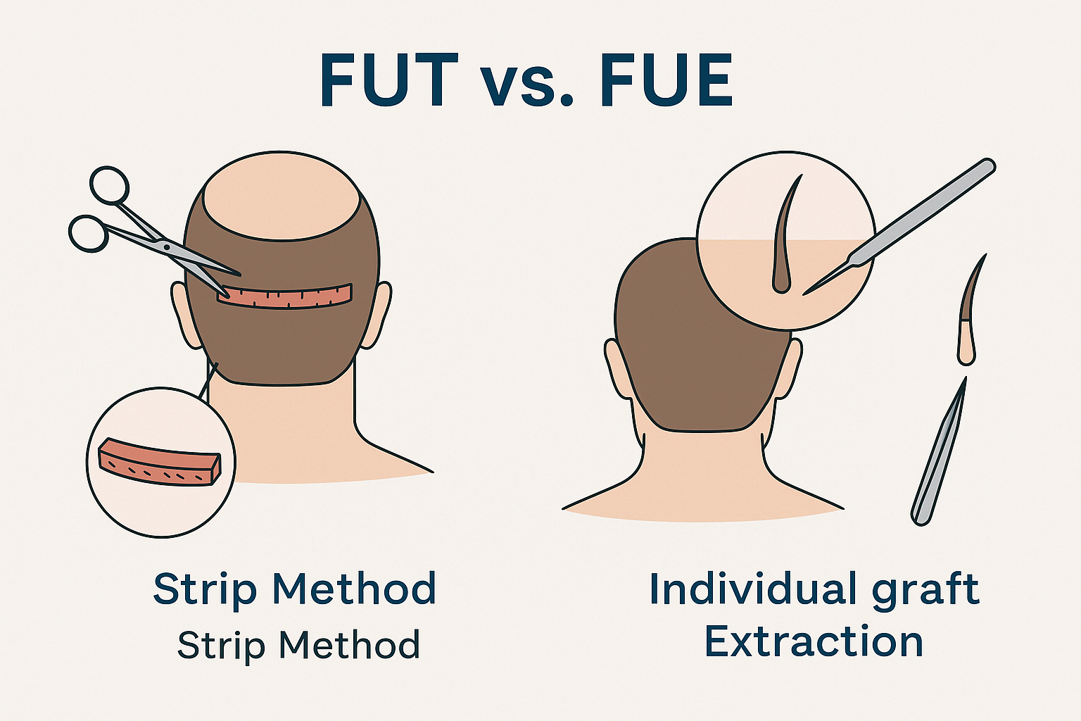 Illustration of FUT vs FUE hair transplant methods.